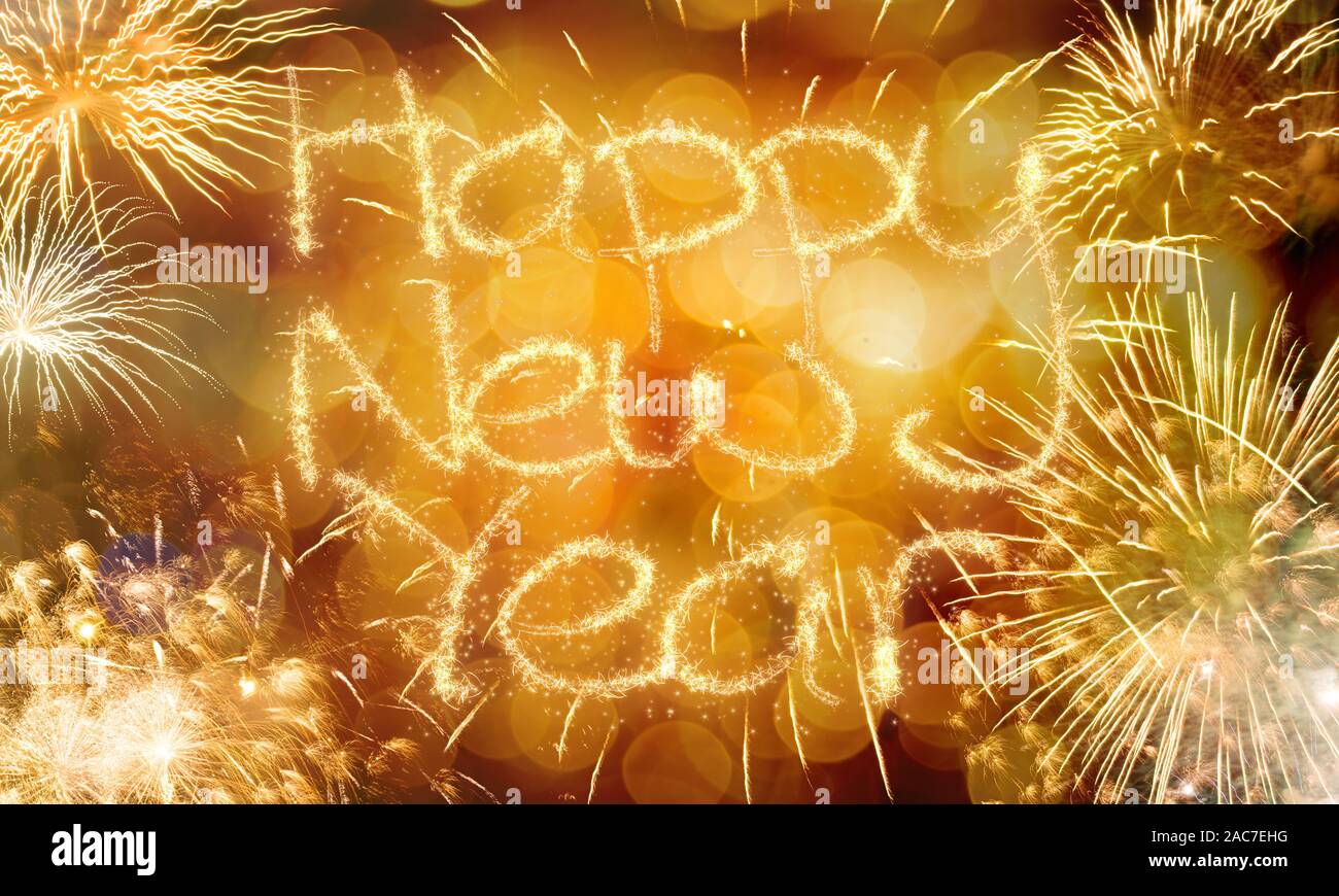 New Year fireworks golden bokeh background Stock Photo - Alamy