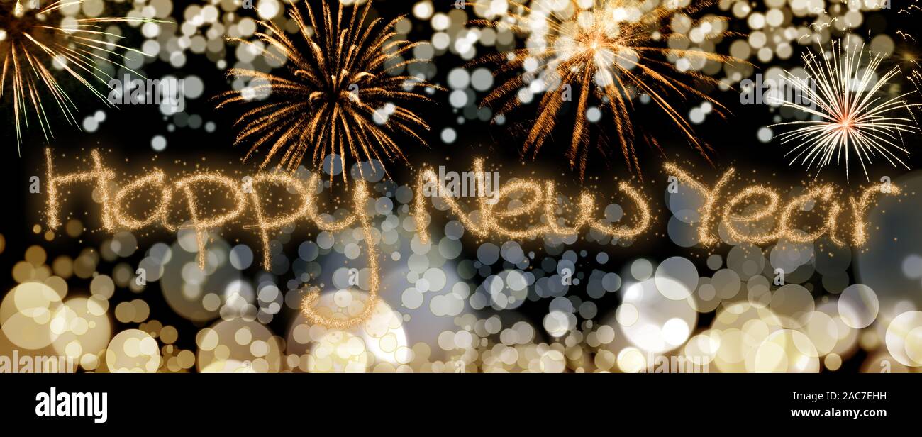 New Year fireworks and blurred bokeh lights background Stock Photo - Alamy