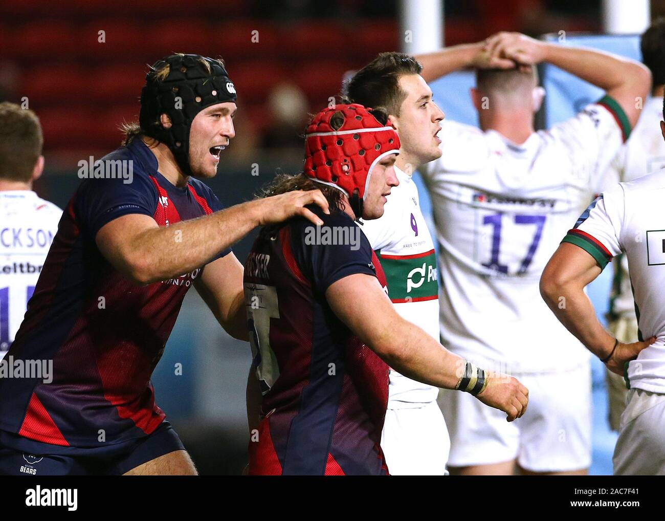 Bristol Bears' Ed Holmes embraces Harry Thacker after Thacker scores his sides fourth try of the match during the Gallagher Premiership at Ashton Gate, Bristol. Stock Photo