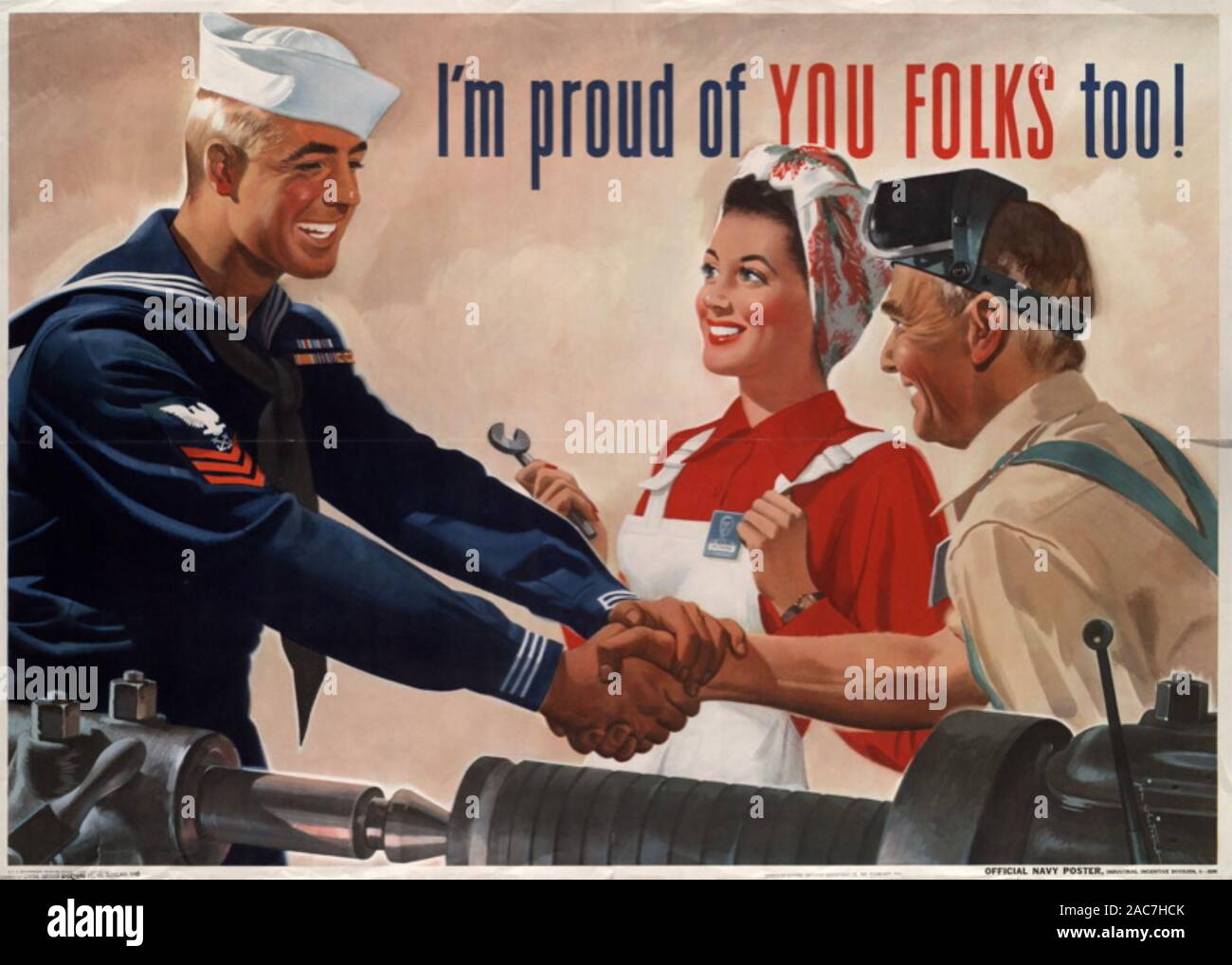 I'M PROUD OF YOU FOLKS TOO ! American WW2 poster shoing a serving sailor thanking his parents for their civilian contributions to the war effort Stock Photo