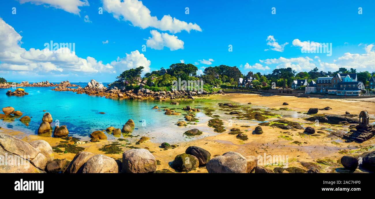 Saint Guirec bay beach in the morning. Pink granite coast, Perros Guirec, Brittany, France. Europe Stock Photo