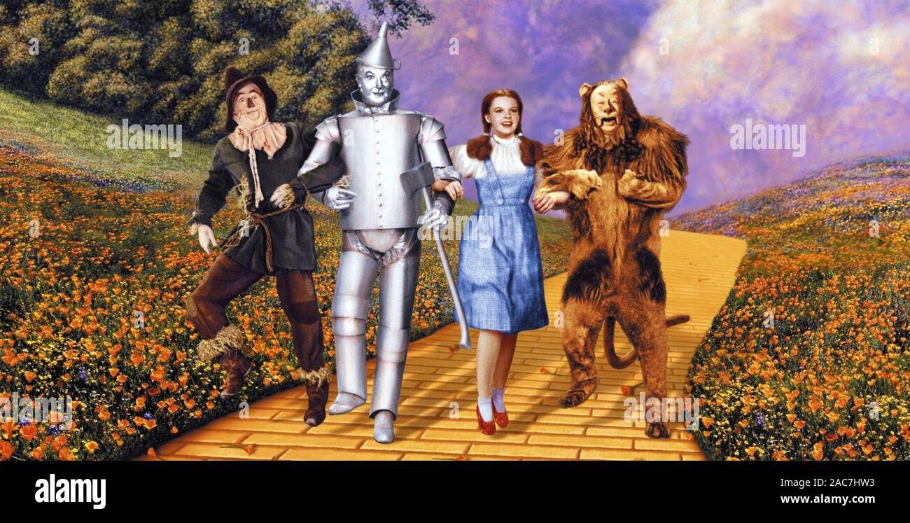 THE WIZARD OF OZ 1939 MGM film with from left: Ray Bolger (The Scarecrow), John Haley Jnr (Tin Man) Judy Garland (Dorothy) Bert Lahr (The Cowardly Lion) Stock Photo