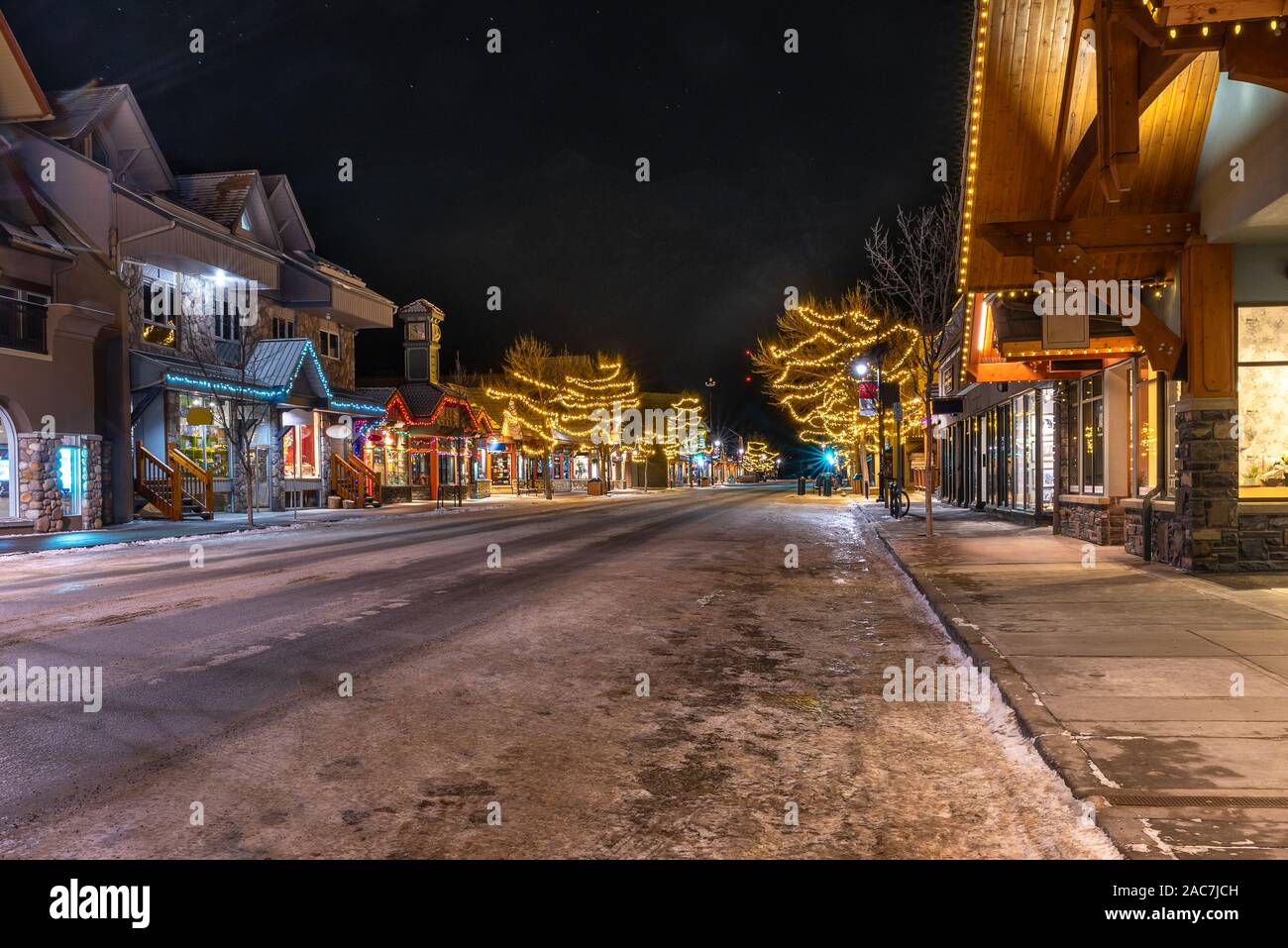 Christmas Decorated Street in Downtown Canmore, Alberta, Canada Stock