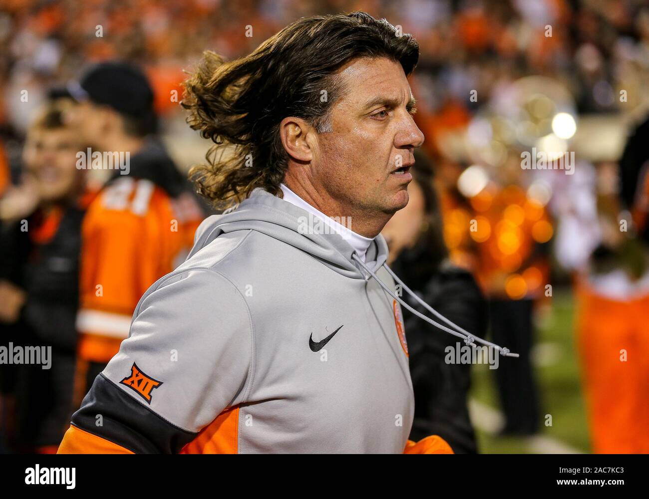 November 30, 2019: Oklahoma State Head Coach Mike Gundy takes the field  before a football game between the University of Oklahoma Sooners and the Oklahoma  State Cowboys at Boone Pickens Stadium in