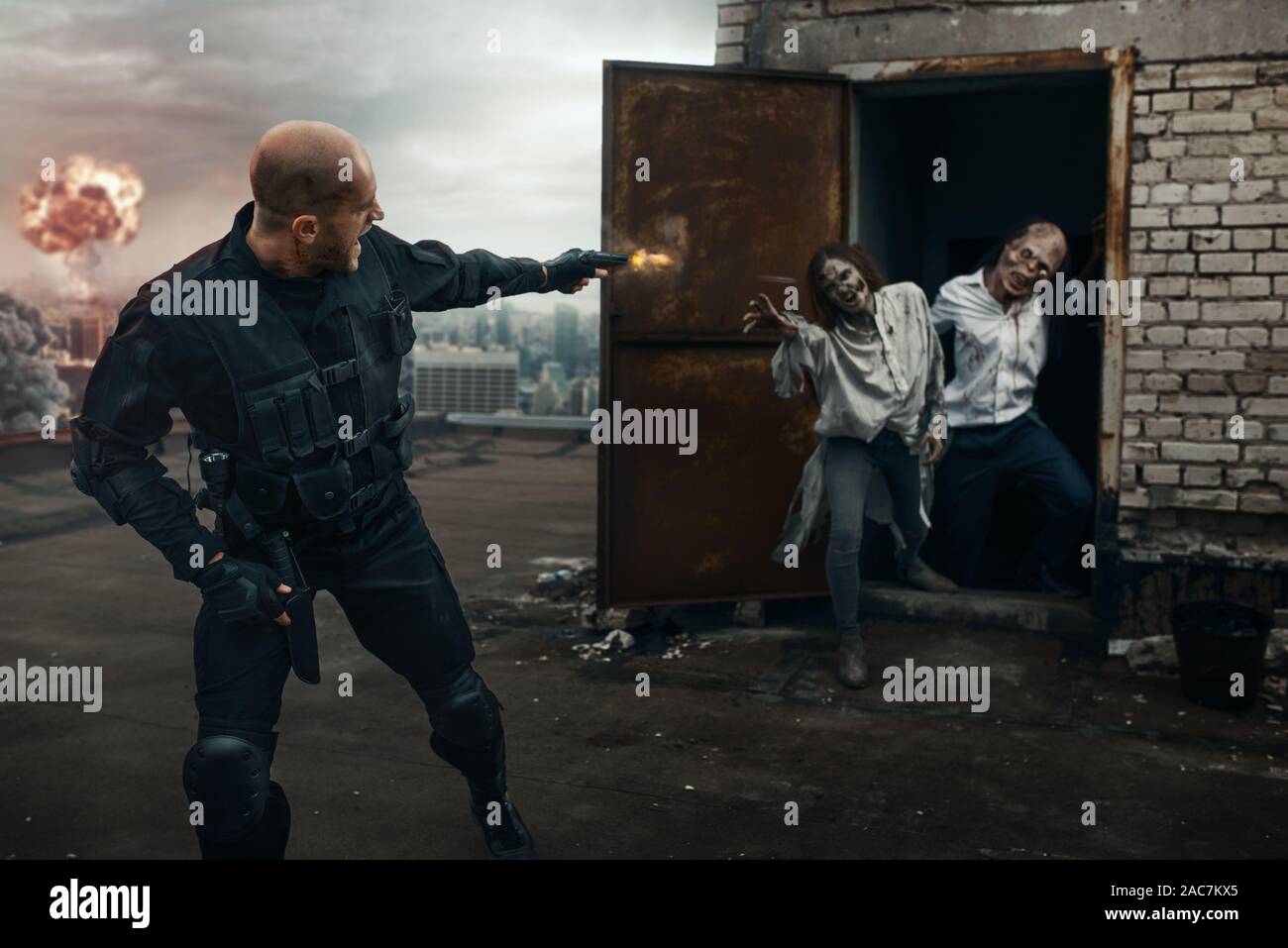 Military man with gun shoots zombies, deadly chase Stock Photo