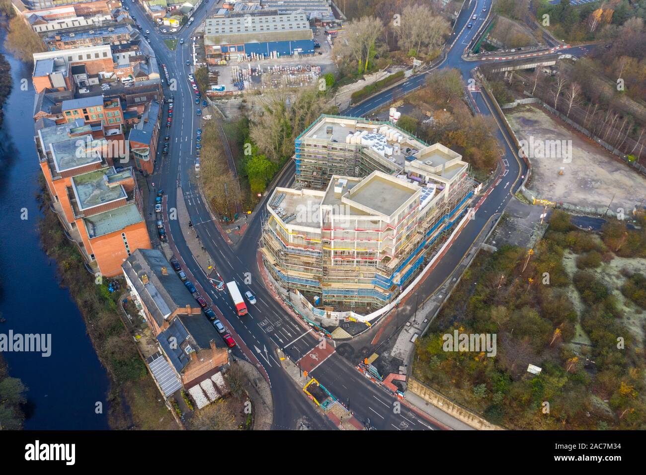 Sheffield, UK - 1st December 2019: Aerial view of new apartments being developed and built in Kelham Island, Sheffield Stock Photo