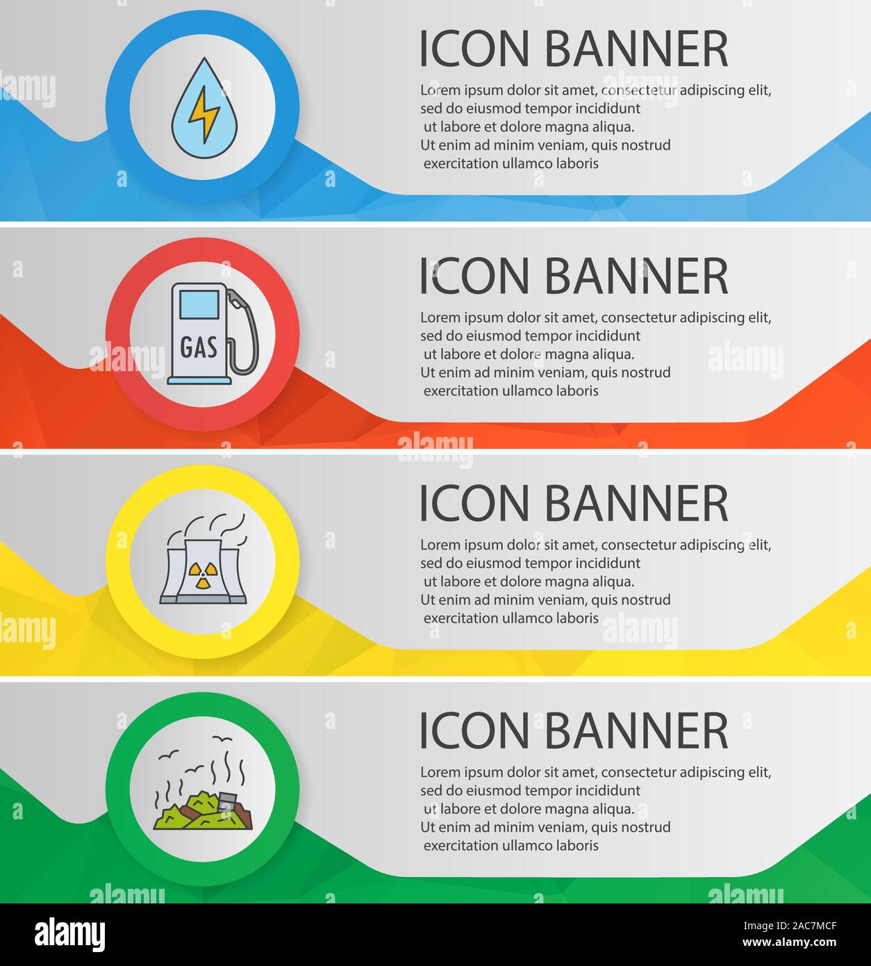 Ecology banner templates set. Easy to edit. Water energy, gas station, nuclear power plant, rubbish dump website menu items. Color polygonal web banne Stock Vector