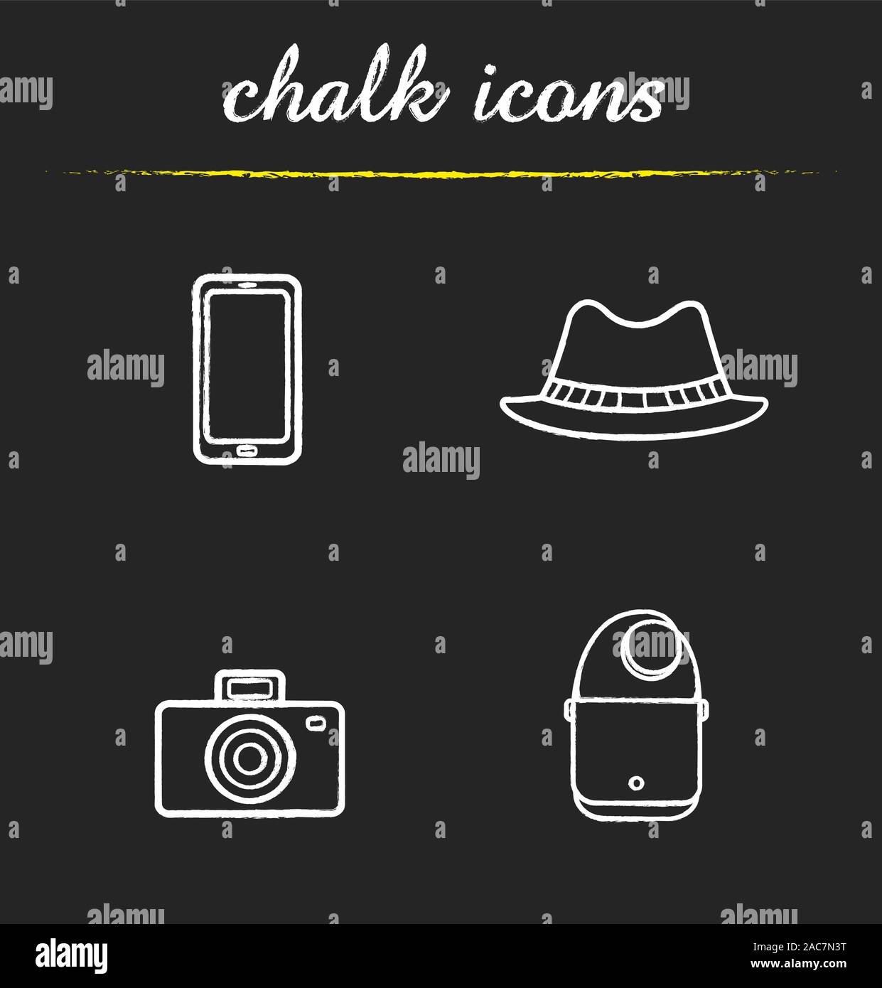 Tourist's equipment chalk icons set. Men's accessories. Smartphone, photo camera, homburg hat and leather handbag. Isolated vector chalkboard illustra Stock Vector