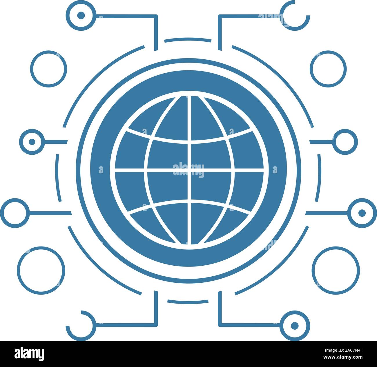 Global network flat linear long shadow icon. Globe in microchip pathways. Vector line symbol Stock Vector