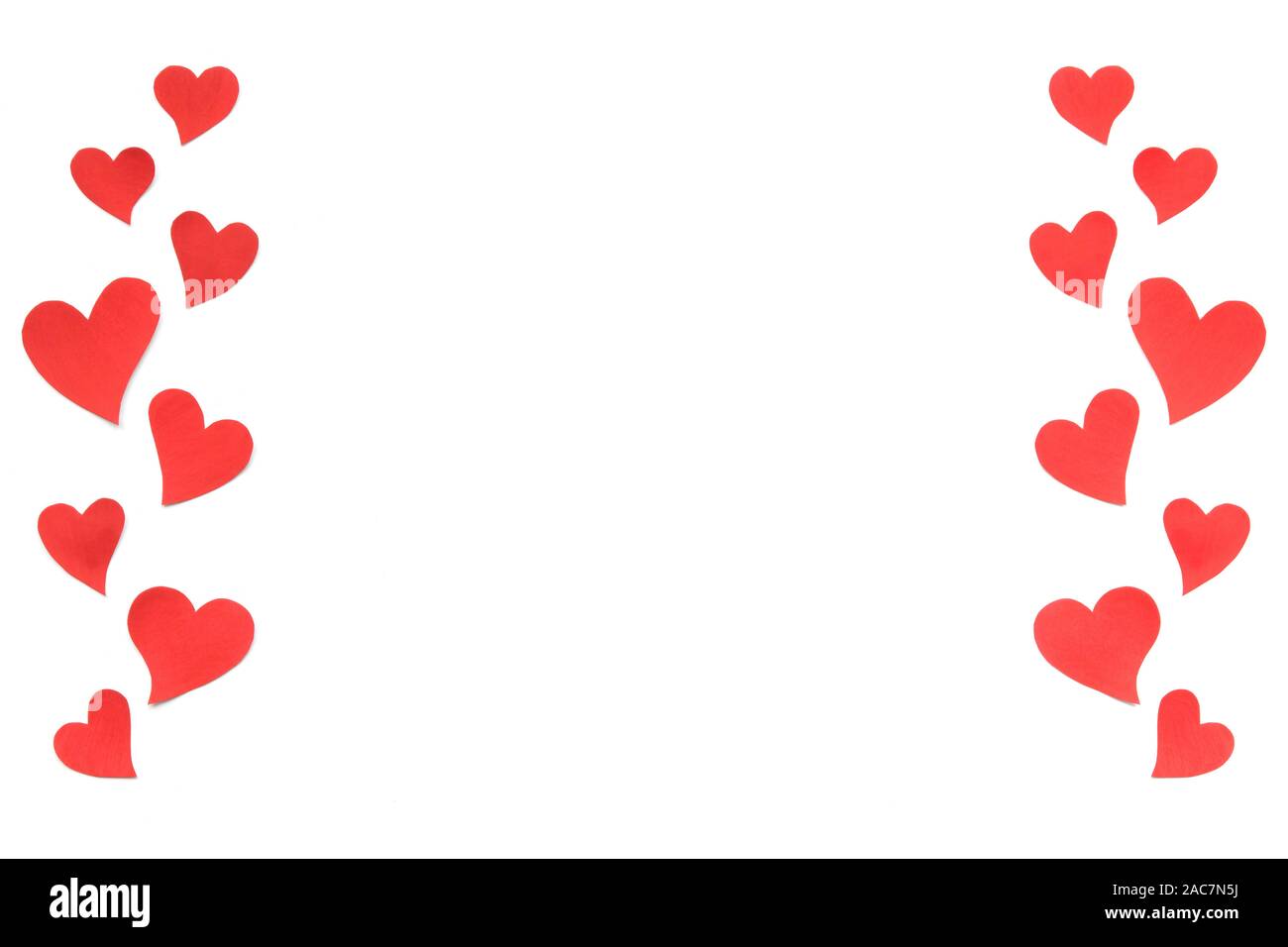 Valentines Day card background, border of red cute hearts made of paper.  White background with hearts in paper cut in different size. Valentine Day  ro Stock Photo - Alamy