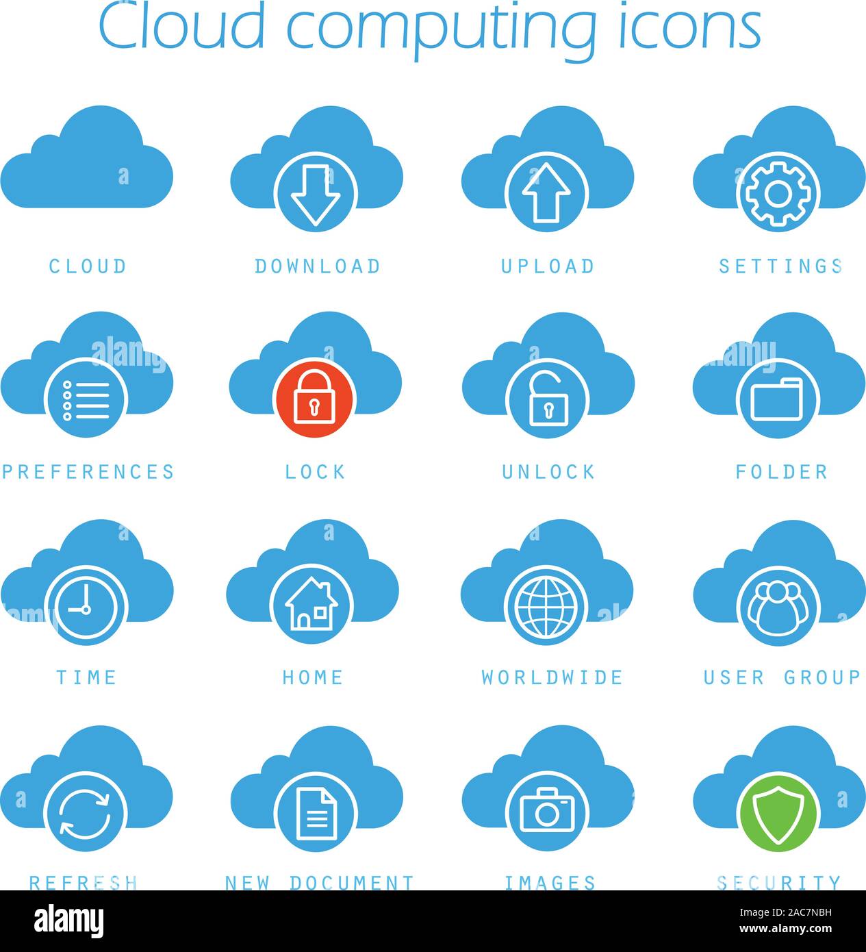 Cloud computing icons set. Online data storage silhouette symbols. Download, upload, settings, new document, preferences, lock, unlock and folder. Vec Stock Vector