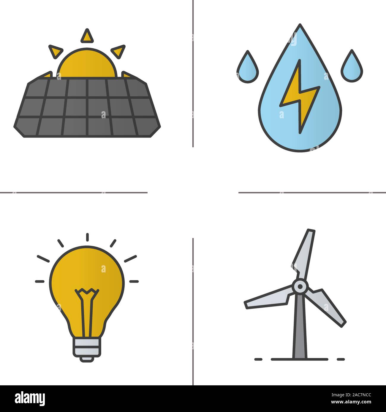 Eco energy color icons set. Solar panels, windmill, water energy, light ...