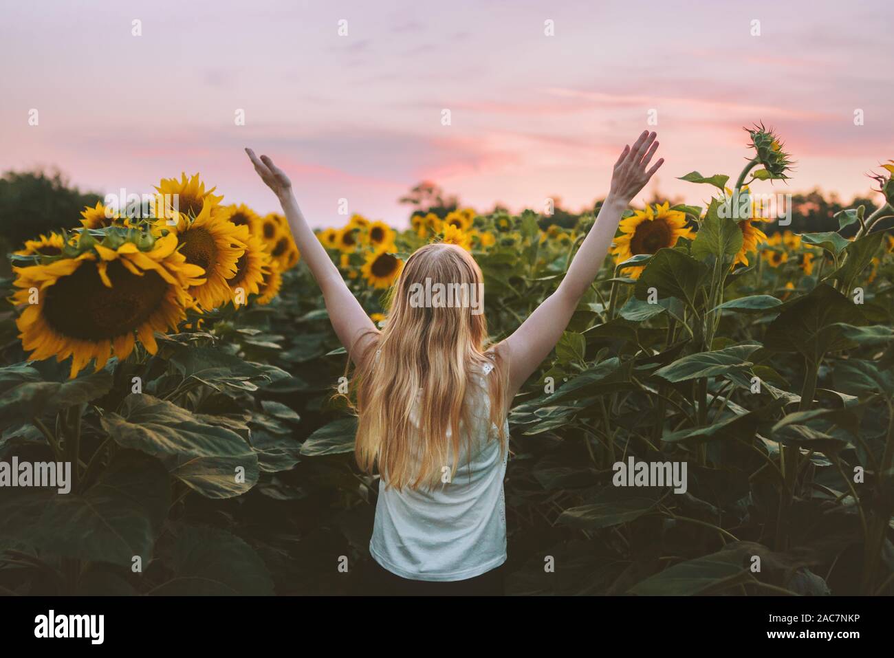 Woman happy raised hands in sunflowers field harmony with nature travel healthy lifestyle outdoor vacations alone Stock Photo