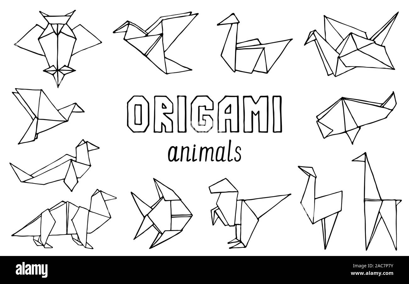 Origami animals hand drawn doodle set. Vector illustration of hand
