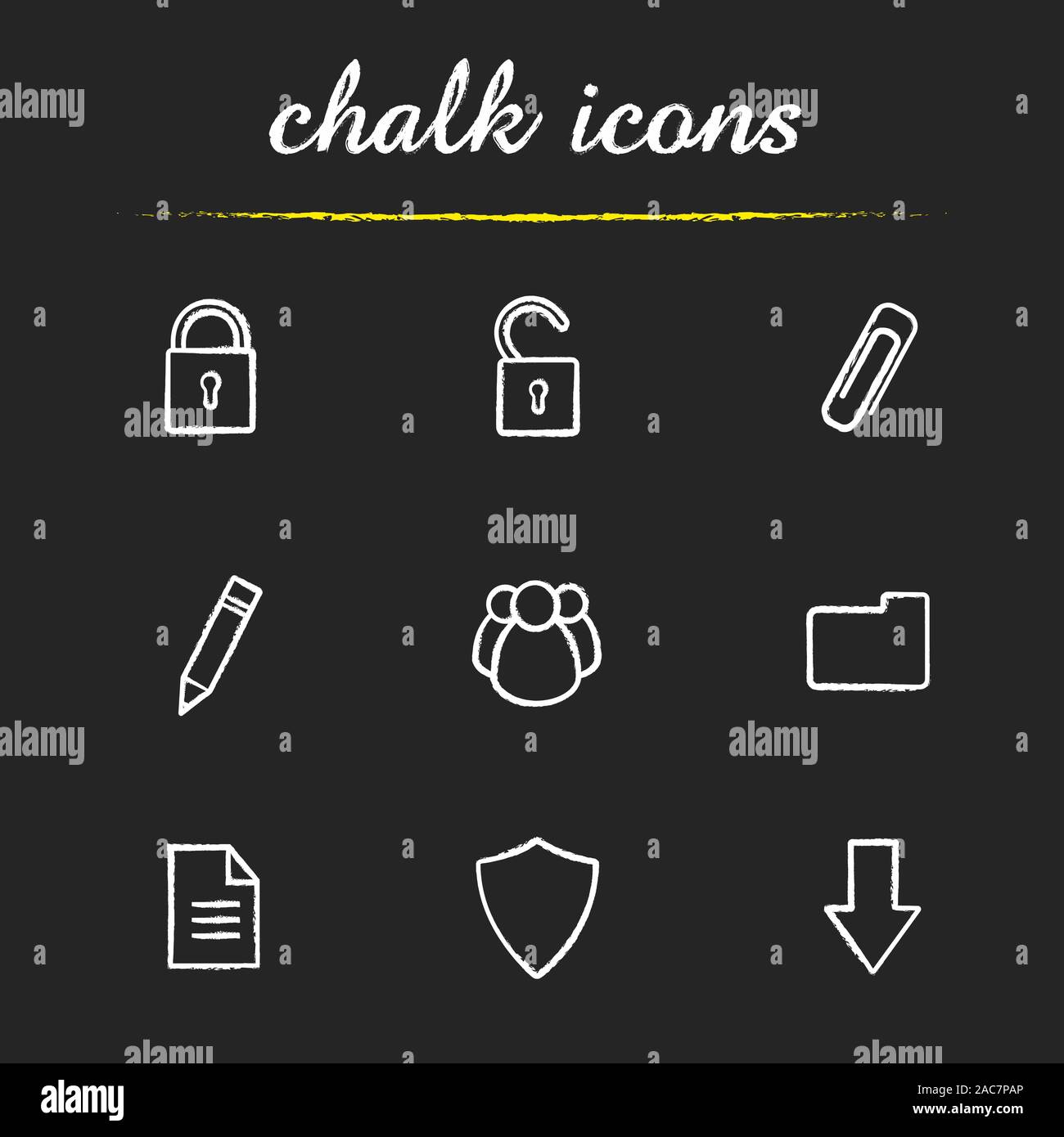 Digital chalk icons set. Cyber security. Access granted and denied, save, edit, download buttons. Social network, folder, document, shield. Isolated v Stock Vector