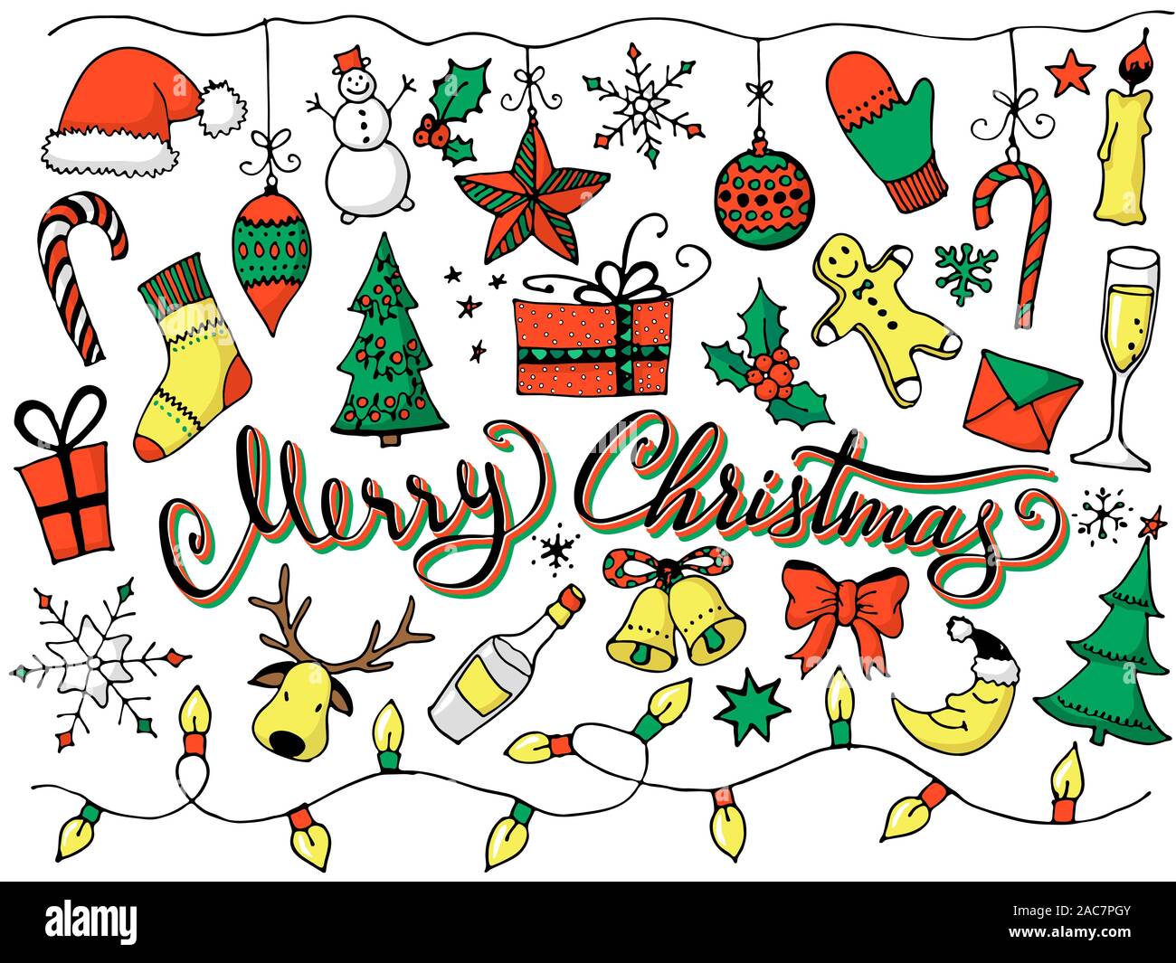 Doodle Christmas Set, color icons. Cute hand drawn design elements ...