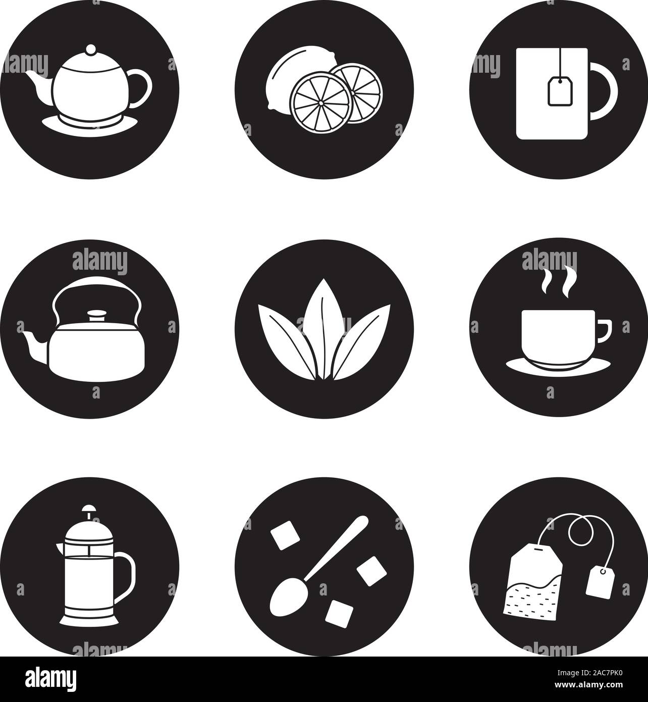 Tea icons set. Cutted lemon, steaming cup on plate, brewer, teapot, loose tea leaves, teabag, refined sugar cubes with spoon, kettle, mug. Vector whit Stock Vector