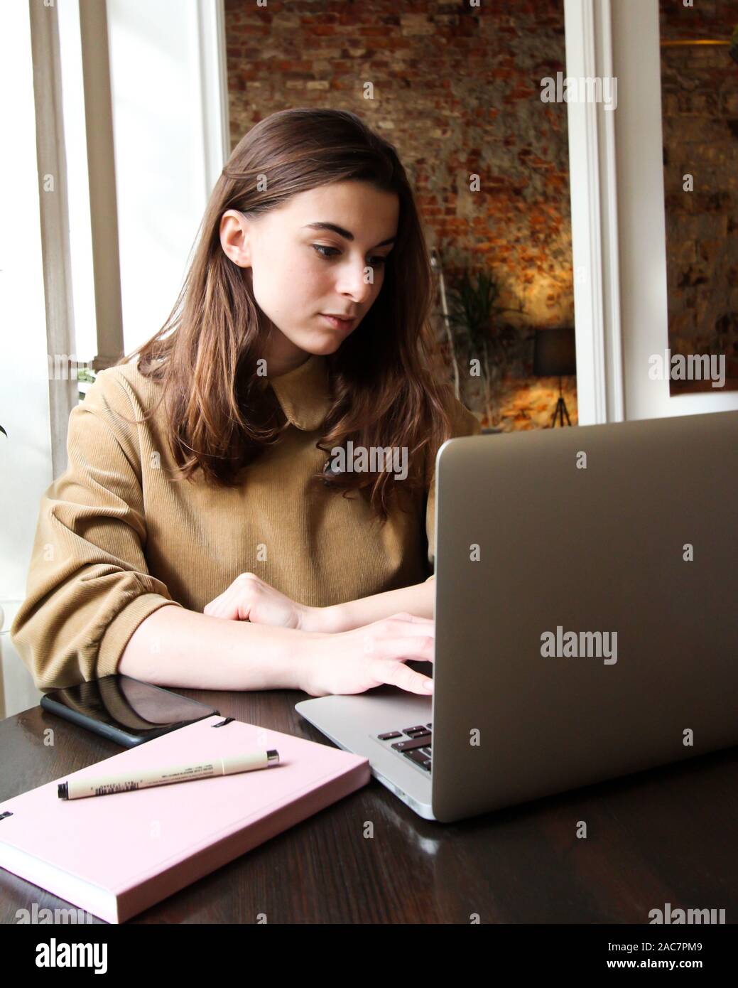 A young girl sits at a table in a cafe on a background of a brick wall and a window. On the table is a laptop and a tetra. The girl looks at the scree Stock Photo