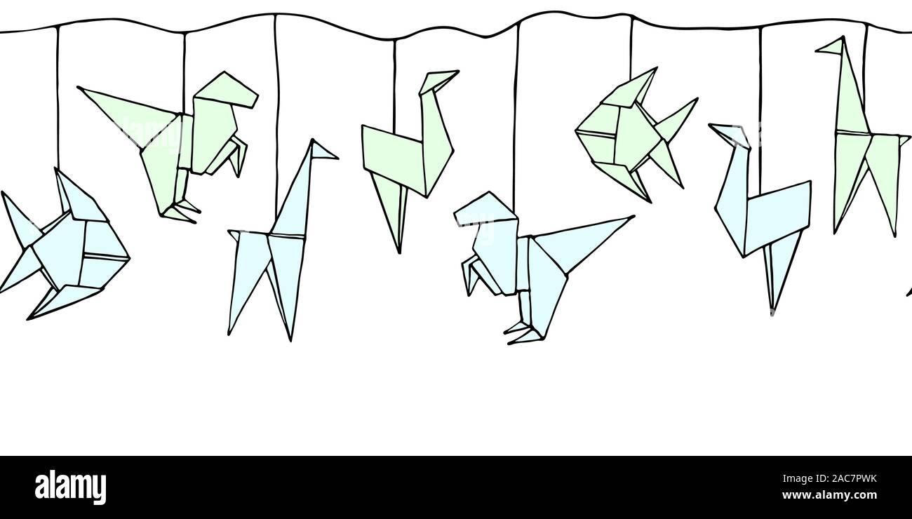 Seamless garland with Hand Drawn Origami animals - dinosaur, giraffe, fish, ostrich. Cartoon kids Ornament. Cute doodle vector illustration. Stock Vector