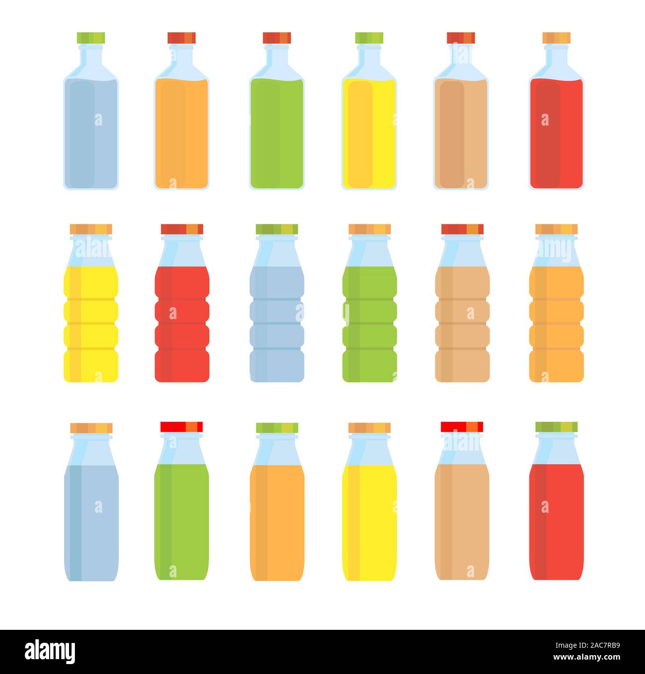 Set of glass flasks and bottles with a multi-colored liquid. On a white background. Isolate. Stock Vector