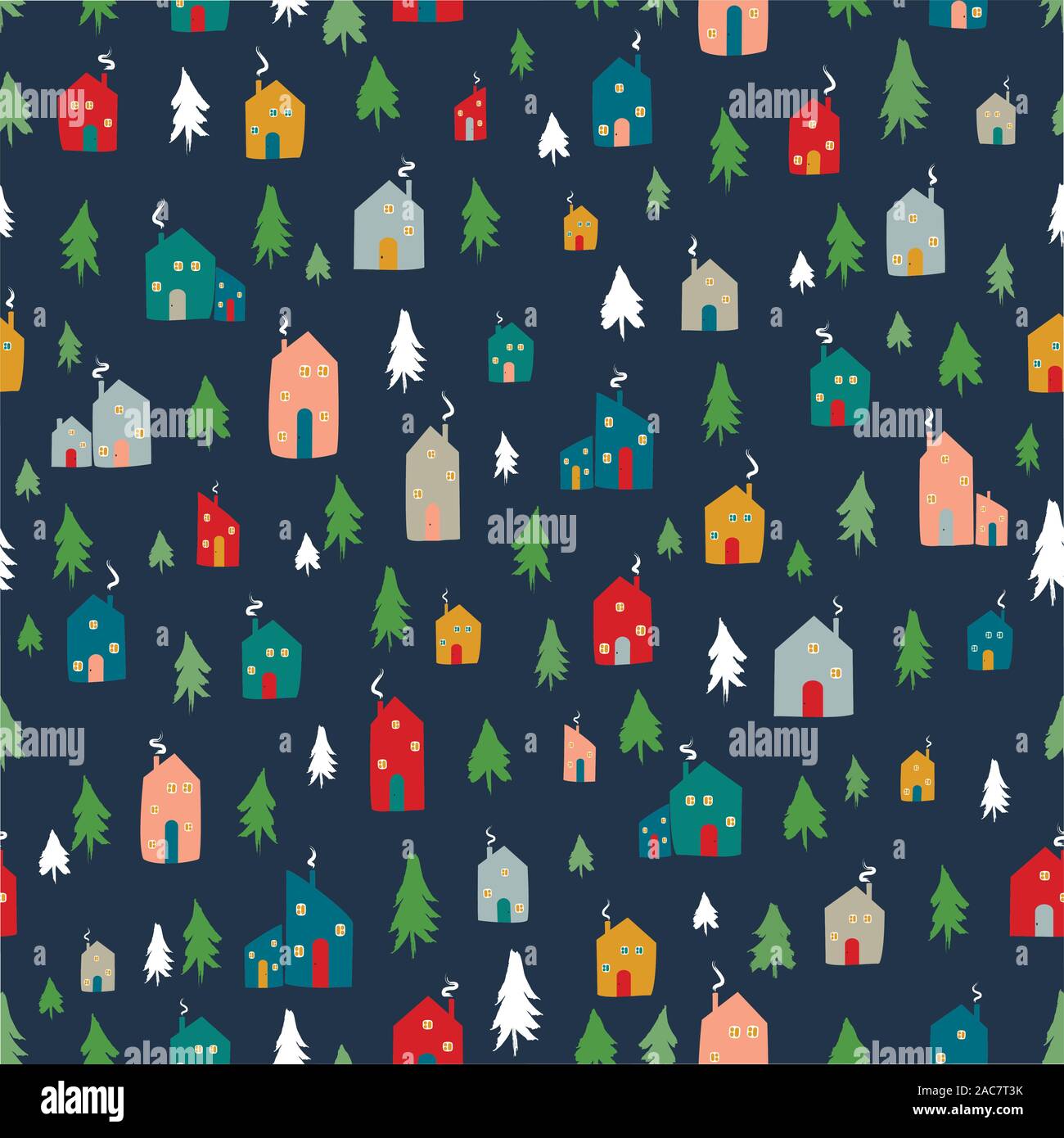Silhouettes seamless pattern with cute cabins. Hand draw house and pine ...