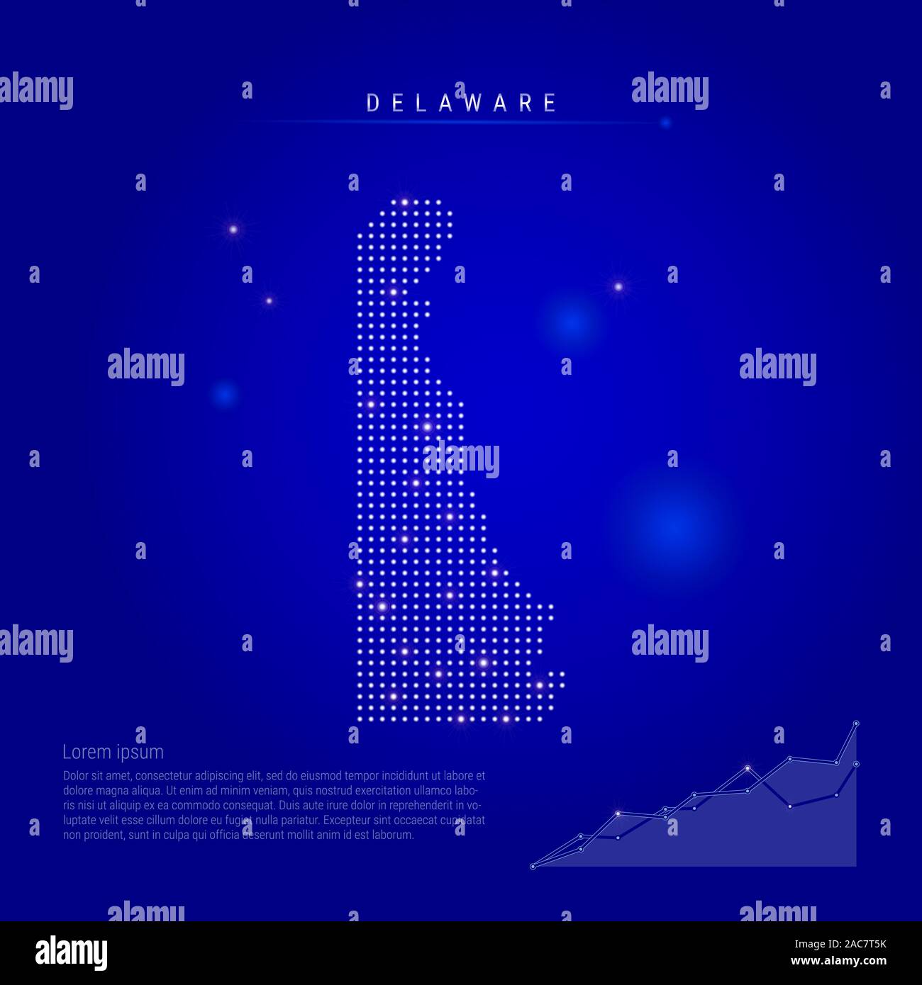 Delaware US State Illuminated Map With Glowing Dots Infographics Delaware Us State Illuminated Map With Glowing Dots Infographics Elements Dark Blue Space Background Illustration Growing Chart Lorem Ipsum Text 2AC7T5K 