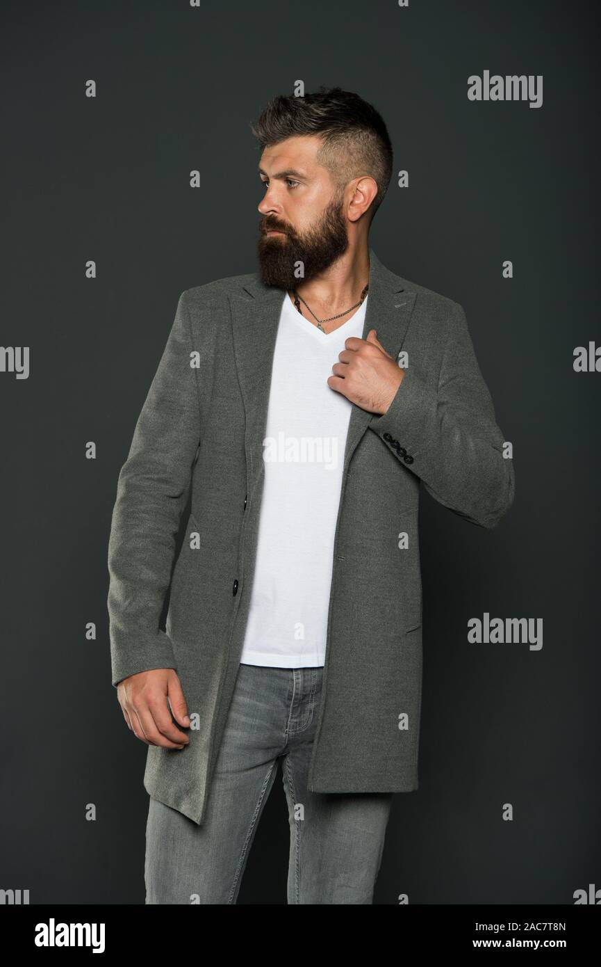 Menswear. Hipster wear comfy outfit. Caucasian man demonstrate fashionable  menswear. Bearded man with moustache and beard unshaven face. Hipster  wearing casual outfit. Clothes shop. Menswear trend Stock Photo - Alamy