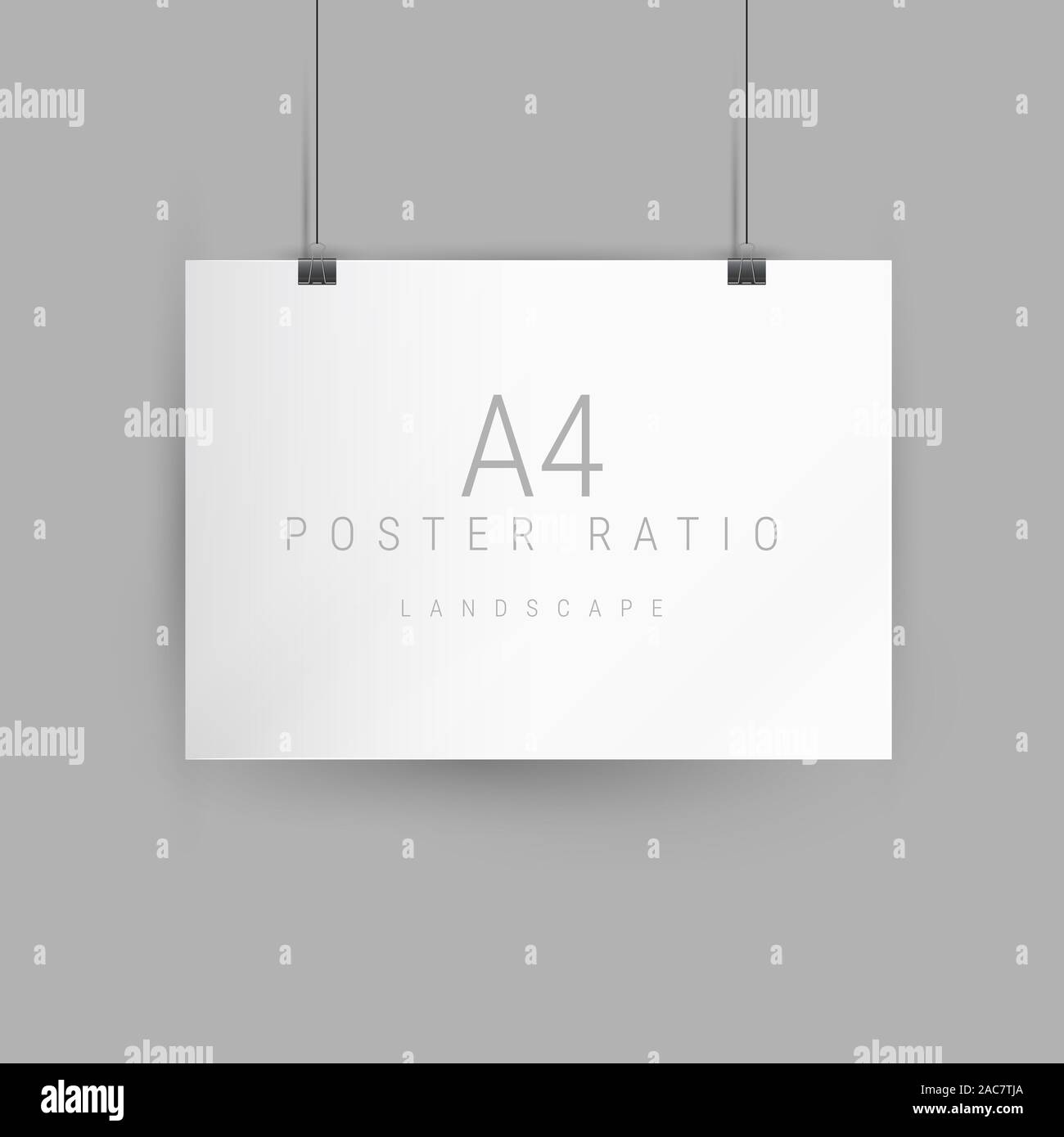 Horizontal poster mockup. Empty A4 sized paper frame hanging with paper clips and soft shadows. illustration. Stock Photo