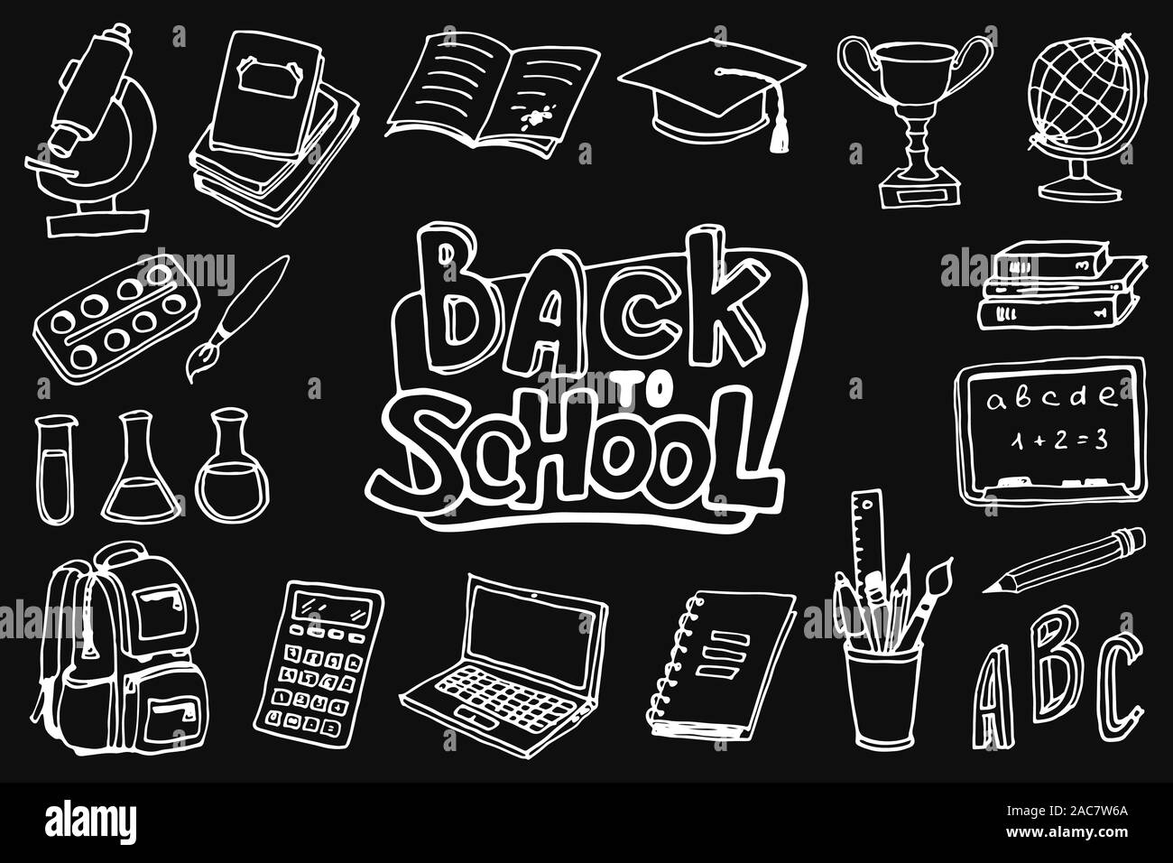 Back to school icon set. Doodle elements. Lettering and school supplies ...