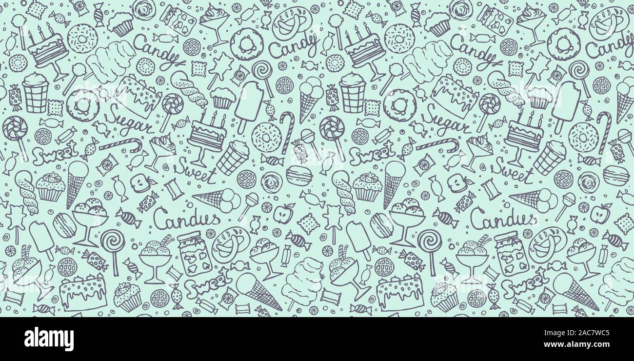 Doodle candy background. Seamless pattern with candies, cakes, sweets