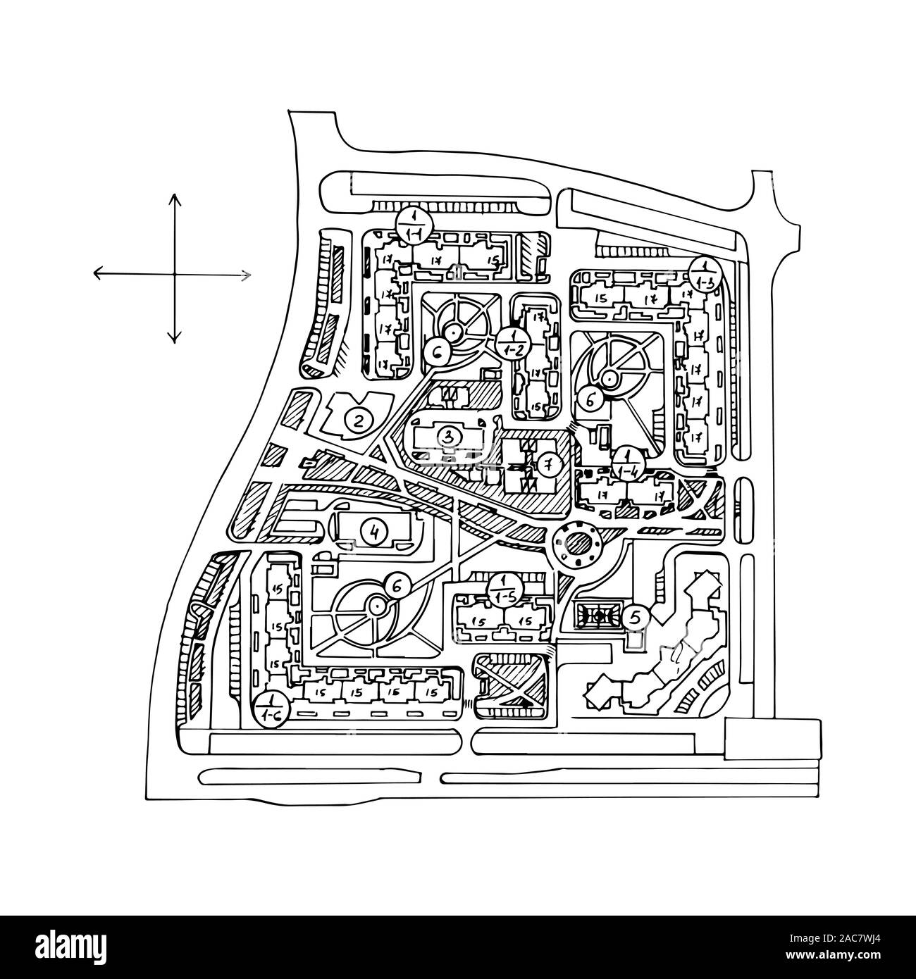 Urban plan of a city, old village. Doodle city map. Vector city drawing. Street map. Futuristic Megalopolis City Basis Plan. Stock Vector