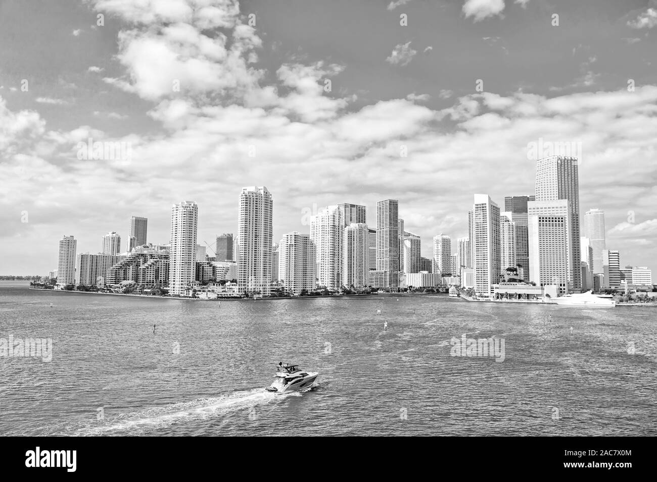 Business district Miami. Richness concept. Architecturally impressive high rise towers. Skyscrapers and harbor. Must see attractions. Miami waterfront lined with marinas. Downtown Miami city center. Stock Photo