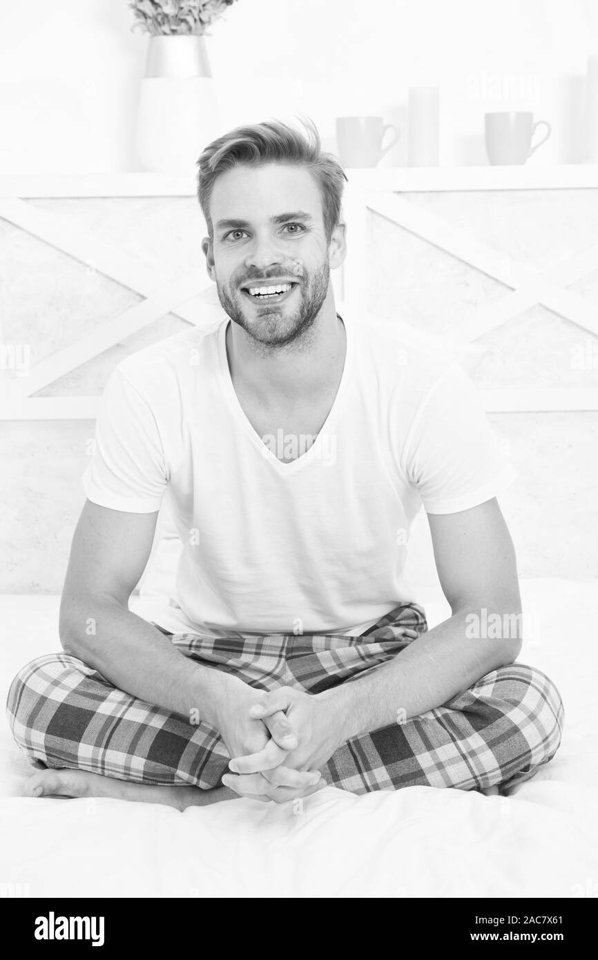 Good Morning Guy Happy Sit On Bed Man Hipster In Morning Asleep