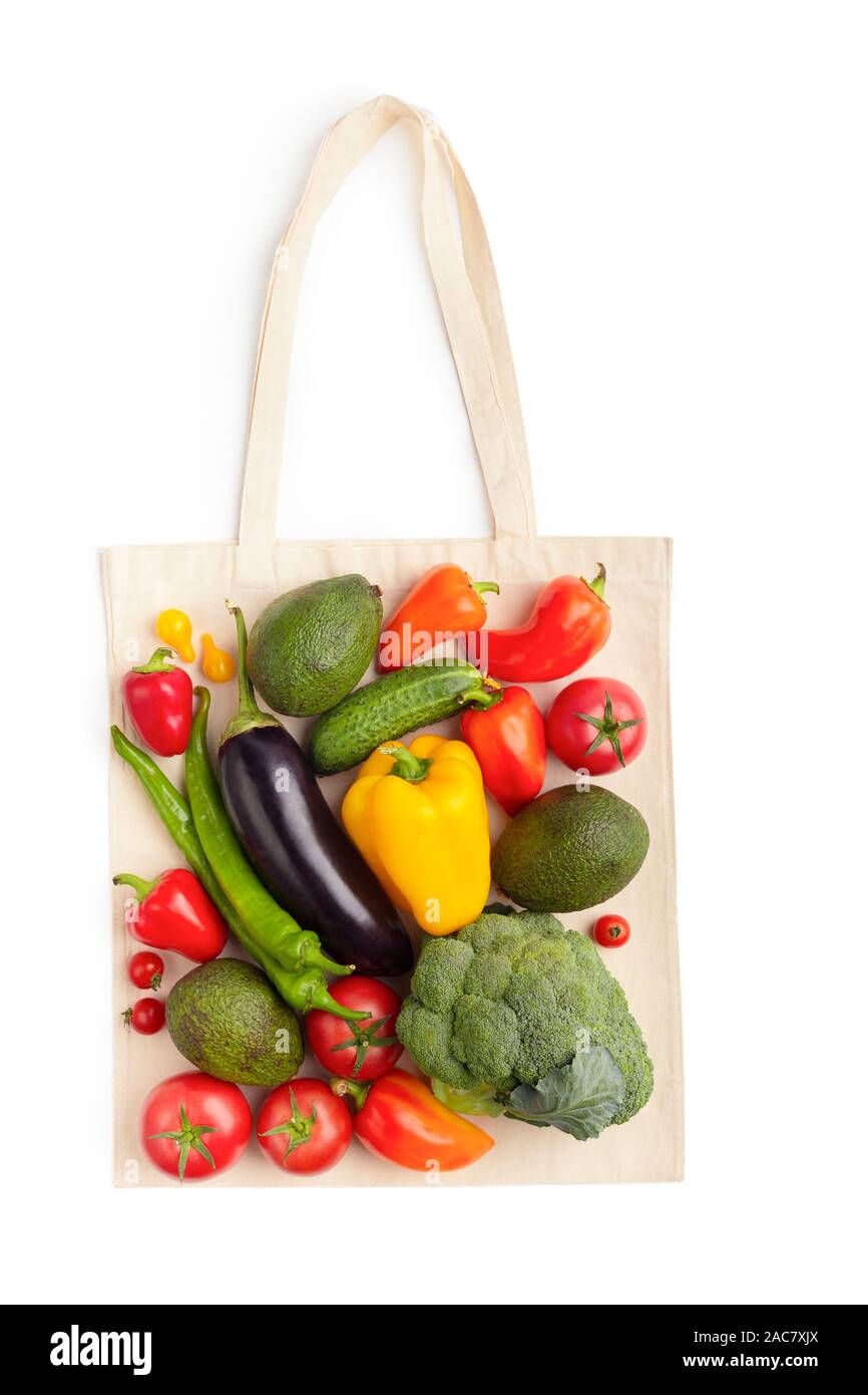 Eco Cotton Shopping Bag Decorating By Organic Vegetables Stock