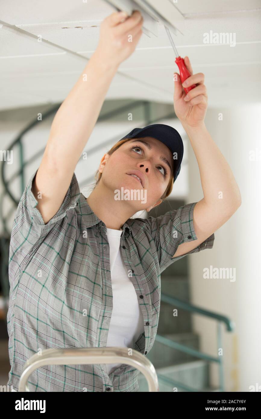 female electrician fixing ceiling lighting Stock Photo Alamy