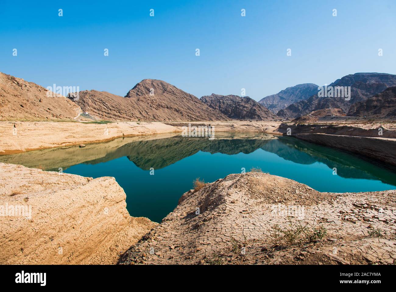 Wadi Beeh Dam in Jebel Jais mountain in Ras Al Khaimah emirate of United Arab Emirates Stock Photo