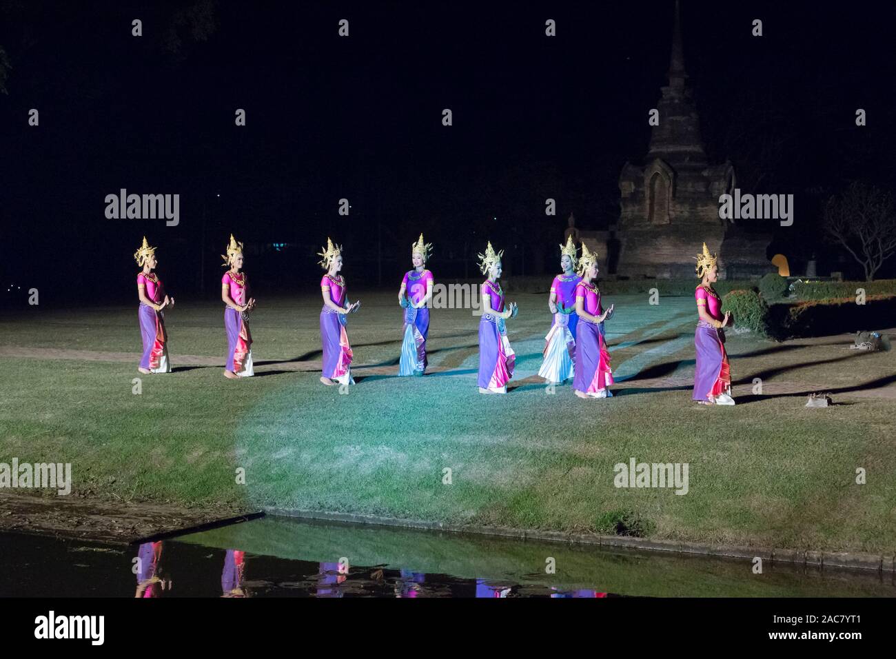Sound and light show at Wat Sa Sri, Sukhothai historical park, Sukhothai, Thailand Stock Photo