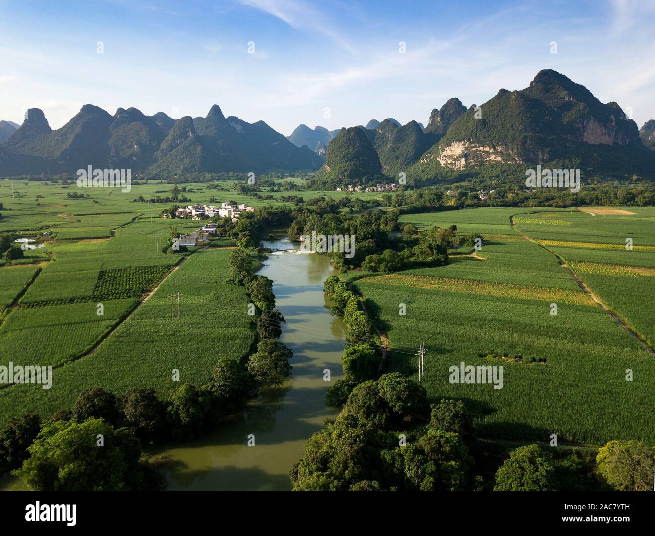 Karst landscape and agricultural fields in Guangxi province at south China aerial view Stock Photo