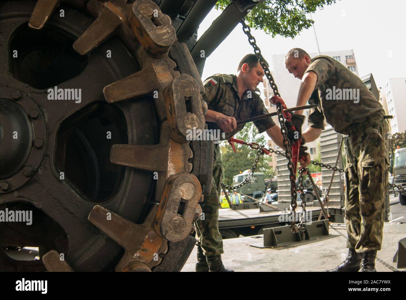Soldiers working after parade on the occasion of the Polish Army Day Stock Photo
