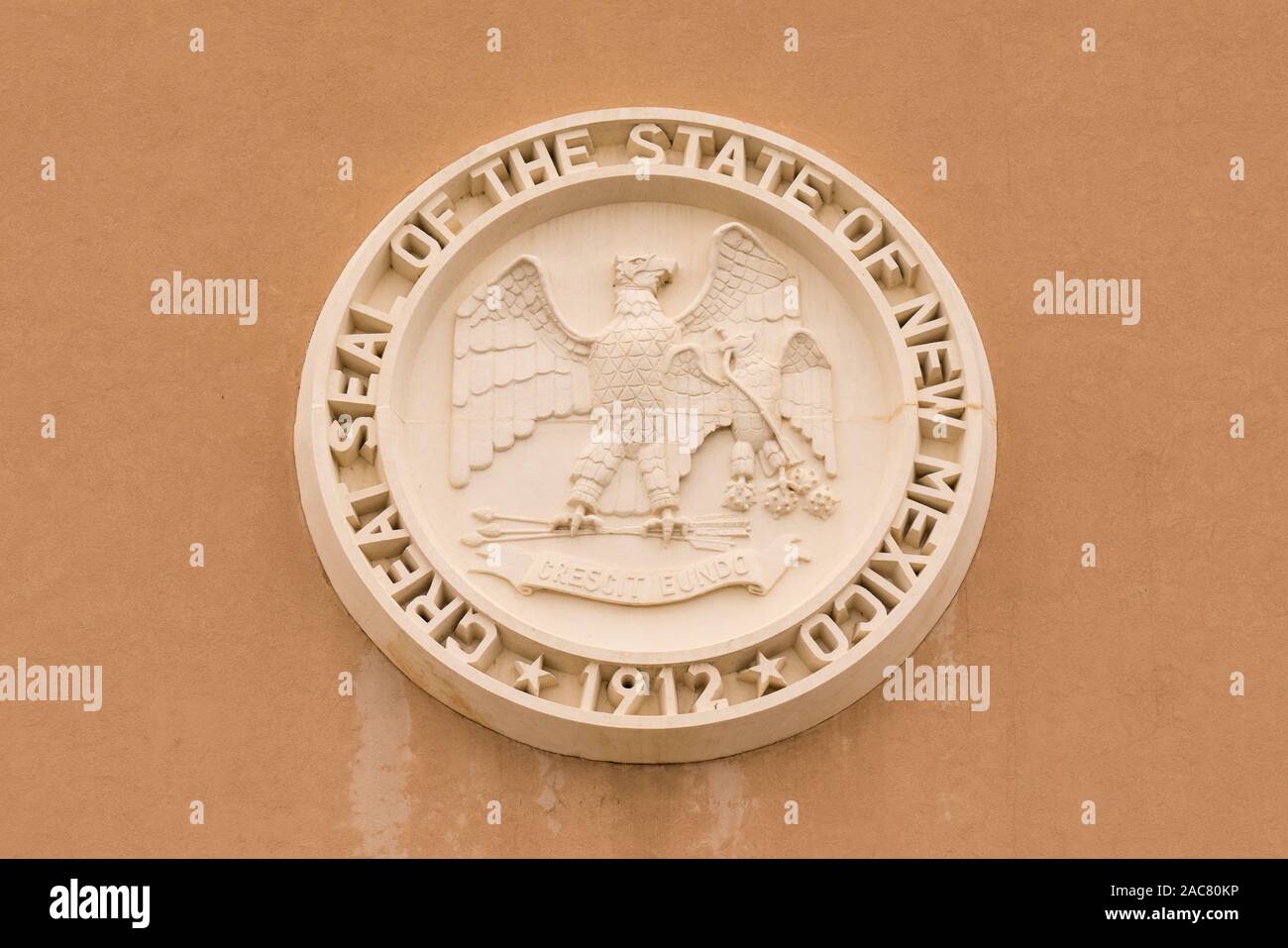 Santa Fe, New Mexico - October 4, 2019: State seal of New Mexico on the facade of the state capitol building Stock Photo