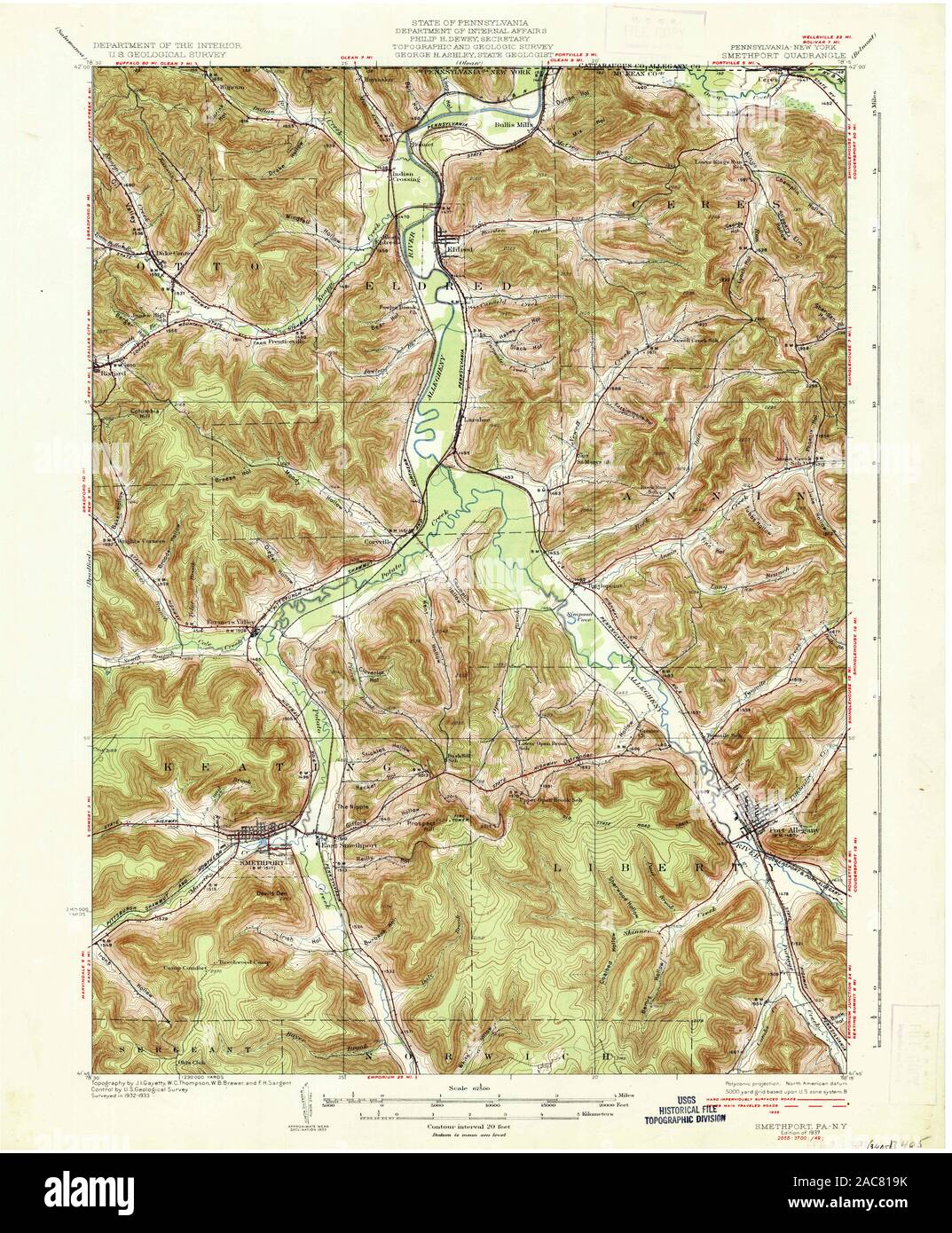 USGS TOPO Map Pennsylvania PA Smethport 221871 1937 62500 Restoration Stock Photo