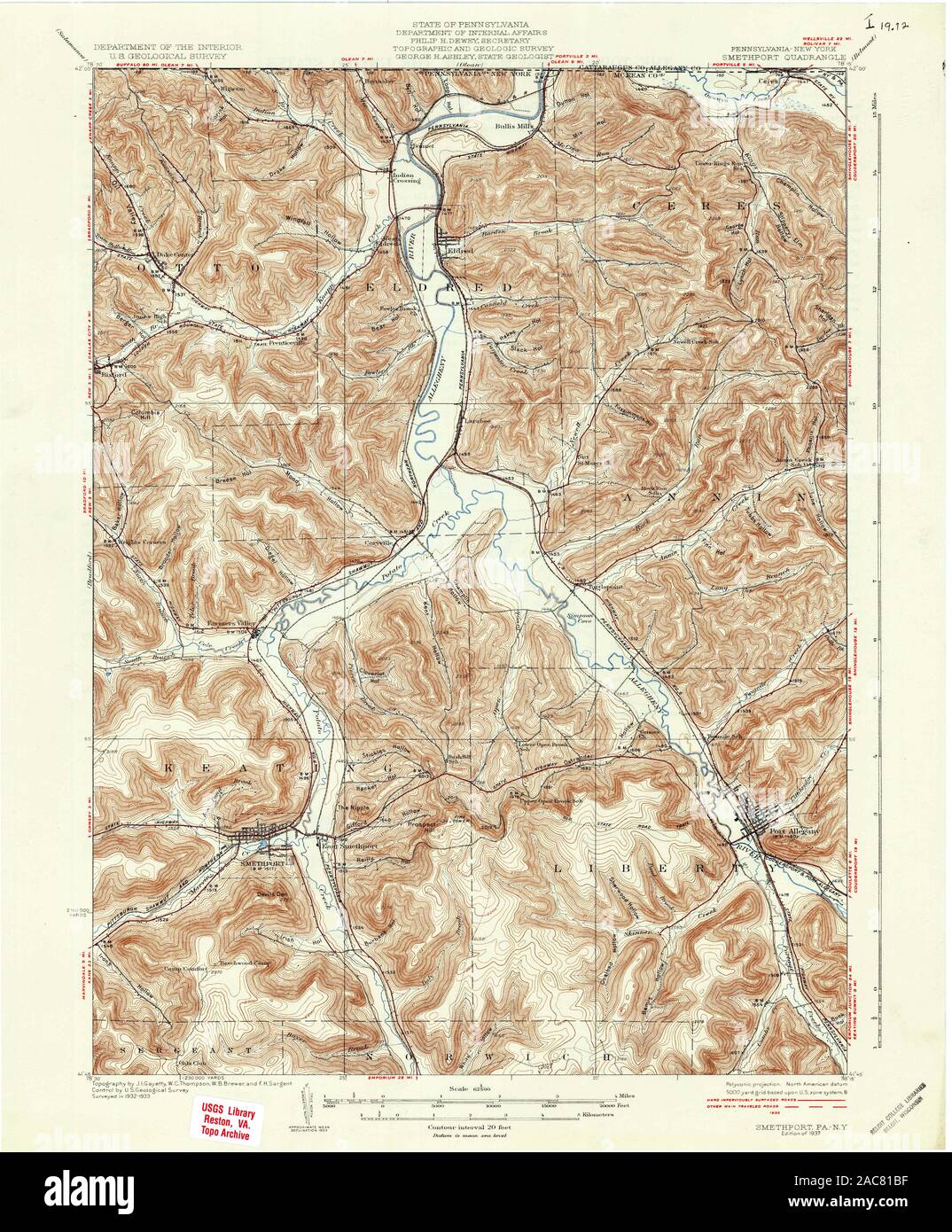 USGS TOPO Map Pennsylvania PA Smethport 221872 1937 62500 Restoration Stock Photo