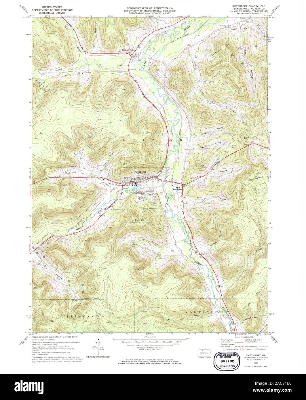 USGS TOPO Map Pennsylvania PA Smethport 221874 1969 24000 Restoration Stock Photo