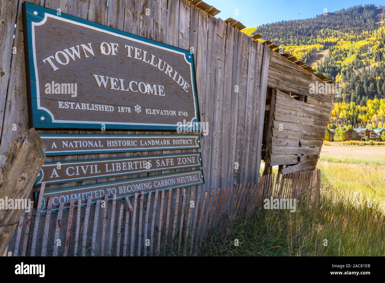Telluride, CO - October 2, 2019: Welcome sign outside of Telluride, Colorado in the San Juan Maountains Stock Photo