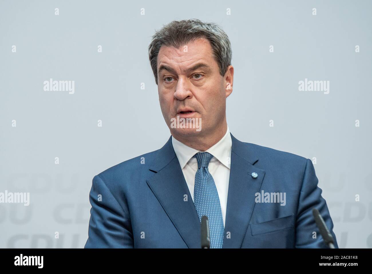 Markus Söder speaking at an election event in May 2019 in Berlin. This photo shows him speaking about the CDU election results as they came in. Stock Photo