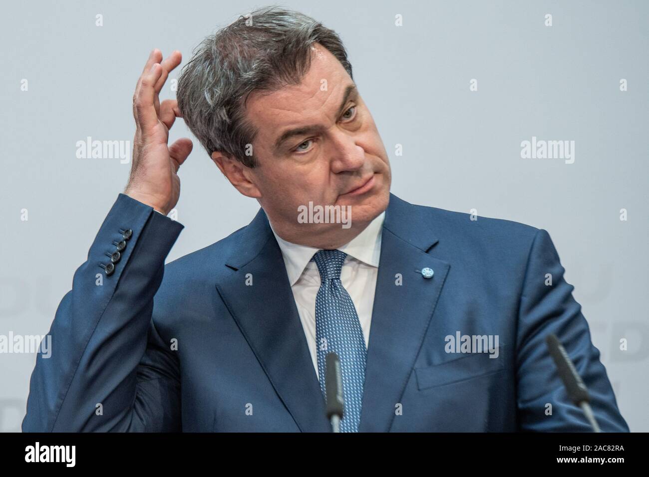 Markus Söder speaking at an election event in May 2019 in Berlin. This photo shows him speaking about the CDU election results as they came in. Stock Photo