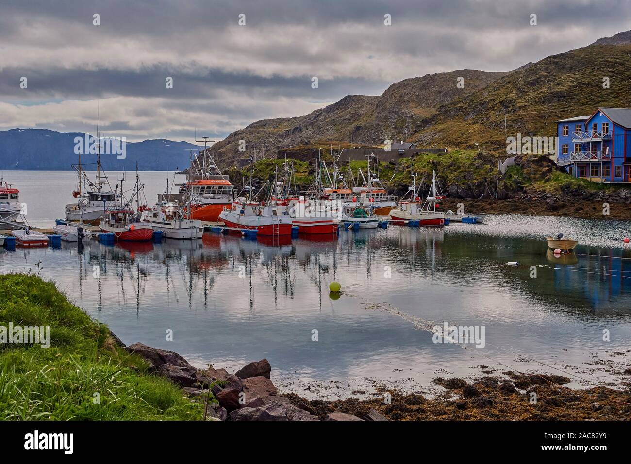 Kamoyvær is a fishing village in Nordkapp Municipality in Finnmark county, Norway. The village lies along the Kamoyfjorden on the east side of the isl Stock Photo