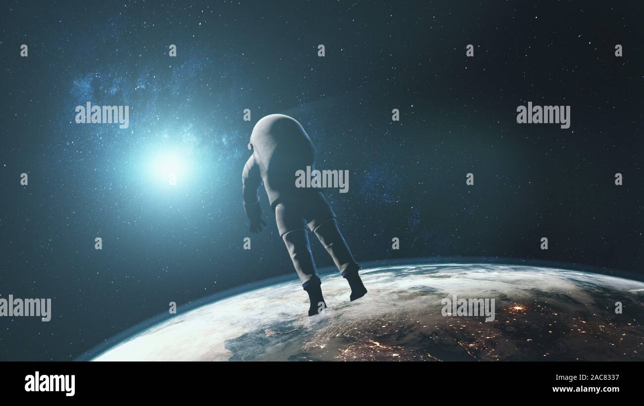 Astronaut against realistic Earth starlight. Back view of