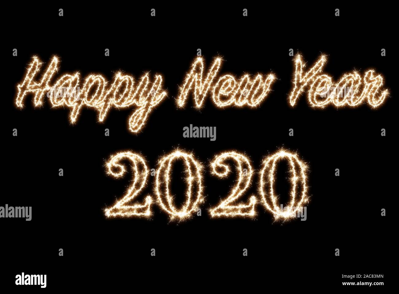 2020 written with Sparkle firework on black background, happy new year 2019 concept. Stock Photo