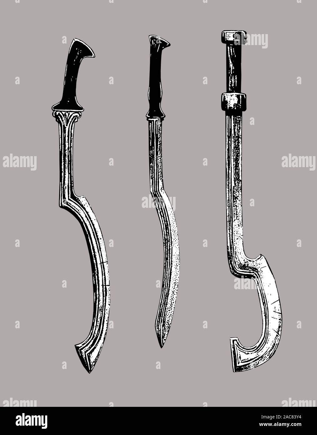 Egyptian sword illustration. Set of three oriental bronzes swords. Stock Photo